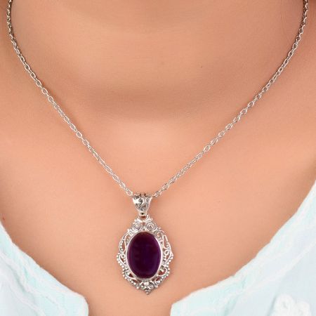 92.5 Sterling Silver Pendant Big Oval Shaped Amethyst Pendant