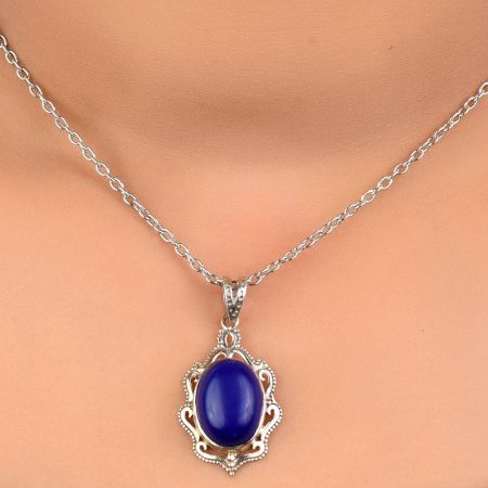 92.5 Sterling Silver Pendant Oval Designer Blue Tourmaline Gemstone Pendant