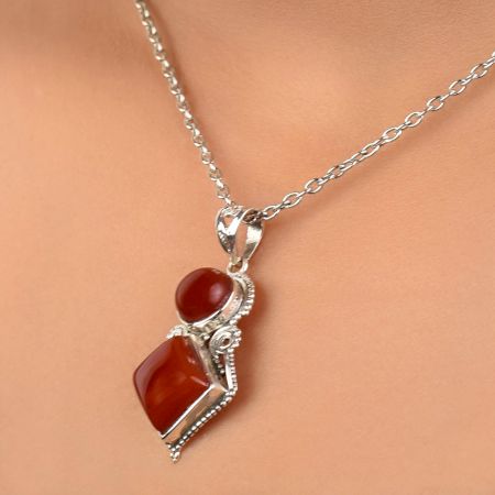 92.5 Sterling Silver Pendant Round And Square Tiered Red Carnelian Stone