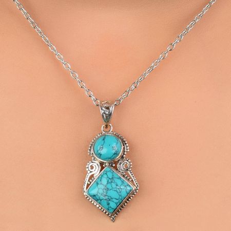 92.5 Sterling Silver Pendant Round And Square Tiered Blue Turquoise Stone
