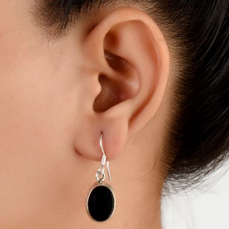 Black Onyx 92.5 Sterling Silver Earrings Cabochon Oval  Earrings