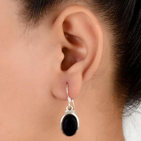 92.5 Sterling Silver Earrings Black Onyx Cabochon Bezel Set Drop Earrings