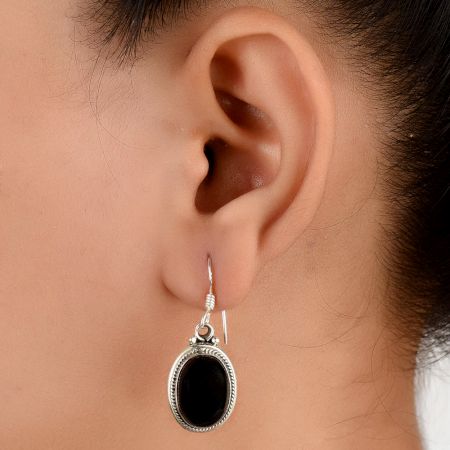 92.5 Sterling silver Earrings Oval Cabochon Black Onyx Bezel Set Hanging Earrings