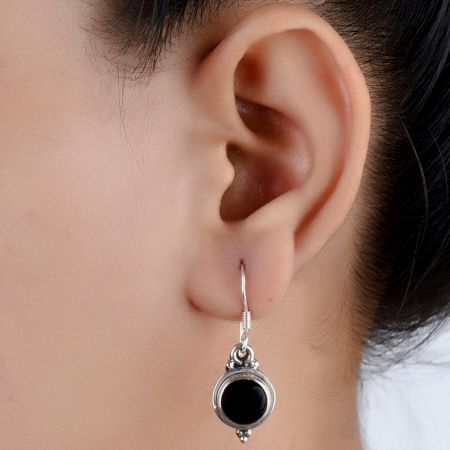92.5 Sterling Silver Earrings Single Round Black Onyx Bezel Set Drop Earrings
