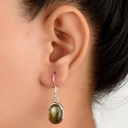 92.5 Sterling Silver Earrings Big Oval Laborite Bezel Set Fish Hook Earrings