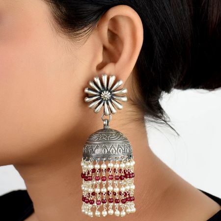 92.5 Sterling silver Earrings Big Flower Stud With Small Silver Beads With Red Onyx Chandelier Earrings