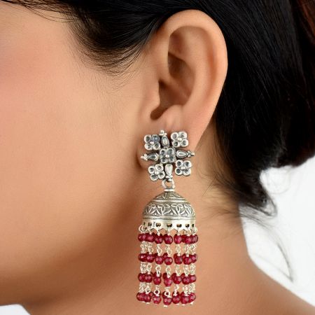 92.5 Sterling silver Earrings With Floral Stud Red Beads Tassel Chandelier Earrings