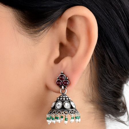 Pyramid Shaped 925 Sterling Silver Jhumki Earrings With Onyx Beads And Amethyst Stud