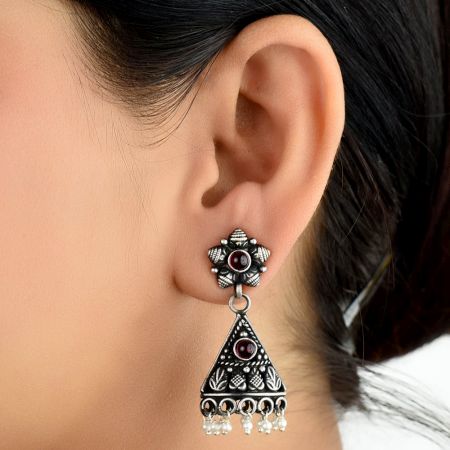 Floral Amethyst 92.5 Sterling Silver Earrings Engraved Leaves Pearl Tassel Danglers