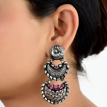 92.5 Sterling silver Earrings Two layered Dangler With Peacock Stud Pink Sapphire