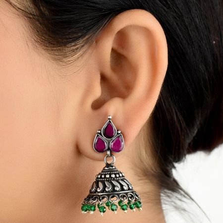 Amethyst Stud 92.5 Sterling Silver Earrings Jhumki With Onyx Beads Tassels