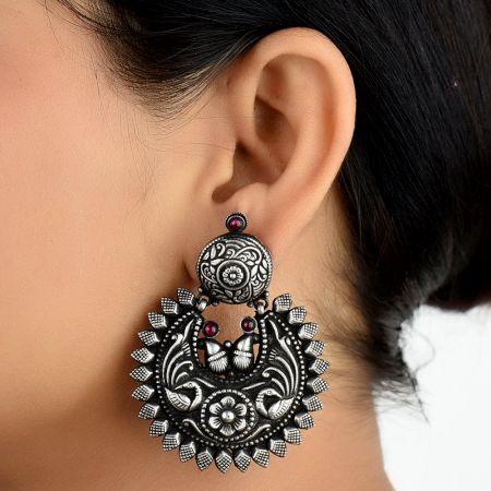 Oxidized 92.5 Sterling silver Earrings Chandbali Peacock Big Floral Formal Wear For Women