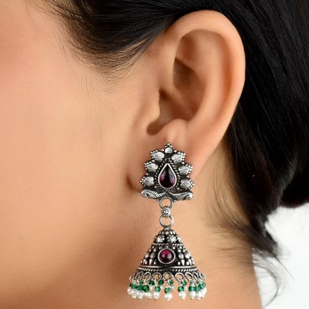 Indian Bird 92.5 Sterling silver Earrings Jhumki with Green Peridot And Pearl Tassels