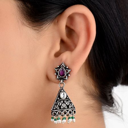 Star Amethyst 92.5 Sterling Silver Earrings  Pyramid Design Green Peridot And Pearl Beads