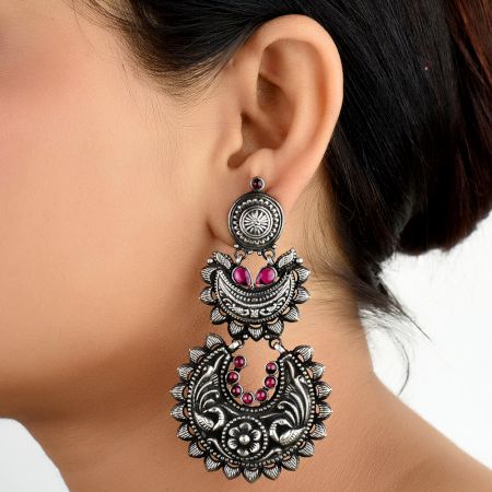 92.5 Sterling Silver Earrings Three layered Peacock Pink Onyx  Traditional  Design Danglers