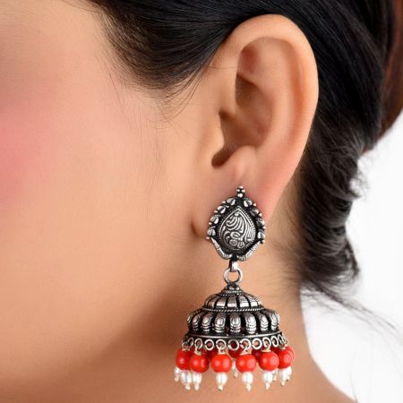 Traditional 92.5 Sterling Silver Earrings  Intricate Carved Jhumkis With Coral And Pearls