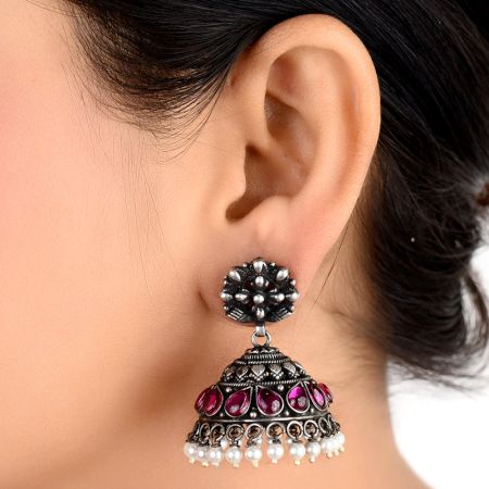 Pink Tourmaline Studded 92.5 Sterling silver  Earrings  Floral With Pearl Beads tassels