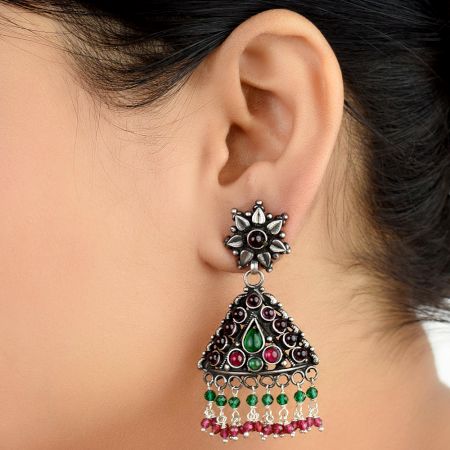 Multicolored Triangular Sterling Silver Earrings Stone Studded jhumki