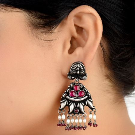 Peacock  Stud 92.5 Sterling Silver Earings Floral Pink Fuchsia Buds Red Chalcedony And pearl Beads Danglers