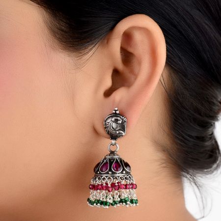 Dual Fish Engraved 92.5 Sterlling Silver Earrings Pink Tourmaline And Green Onyx Stone Jhumki