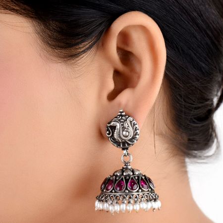 Peacock 92.5 Sterling silver Earring Amethyst Stone Pearl Hangings