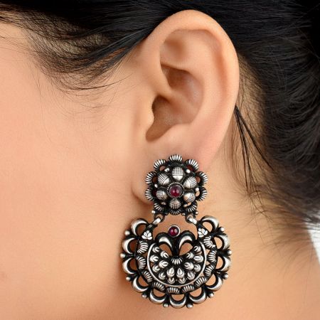 Embossed Design 92.5 Sterling silver Earring Chandbali Amethyst Stone Studdded Danglers