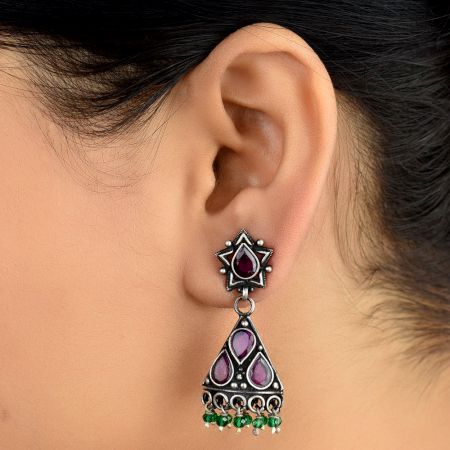 Small 92.5 Sterling silver Earrings Amethst Studded Pyramid  Jhumki with Green Onyx Beads