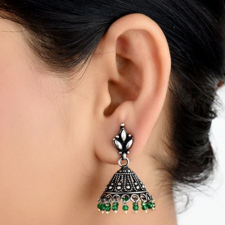 92.5 Sterling Silver Earrings Engraved Floral Stud Green Onyx Beads Jhumki