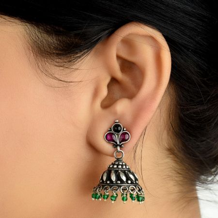 Amethyst Green Onyx 92.5 sterling Siver Earrings Traditonal Motifs And Green Onyx Hangings