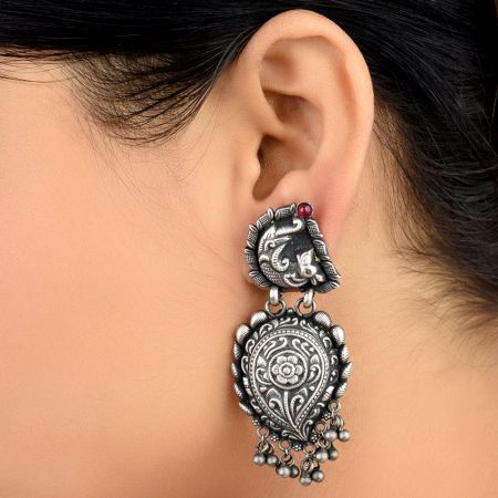 92.5 Sterling silver Earrings Fish Stud Floral Design Danglers with Ghungaroos