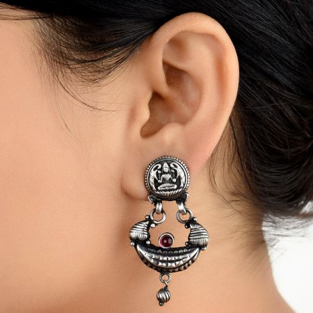 Traditional 92.5 Sterling Silver Earrings Goddess Laxmi with Elephants Stud Pink Jade Quartz Danglers