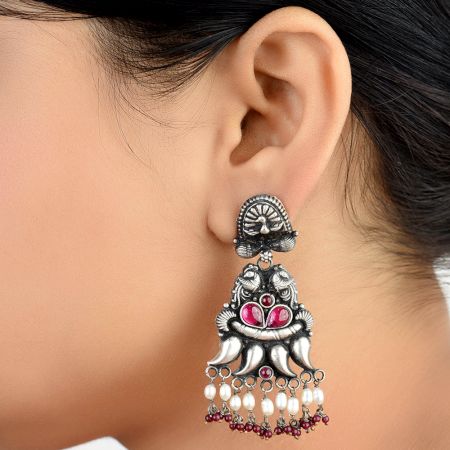 Peacock 92.5 Sterling Silver Earrings tribal Motifs With Peal and Red Coral Stone Tassels