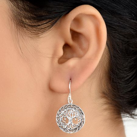 92.5 Sterling Silver Earrings Tree Of Life With Long Roots Circular Knotted Border