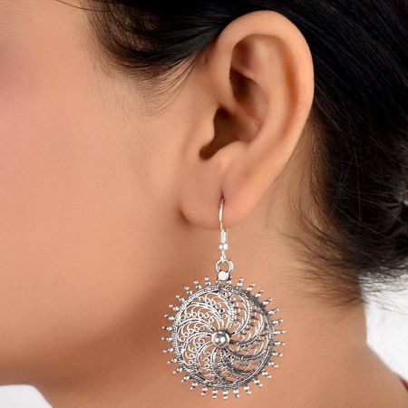 Sun Shape 92.5 Sterling Silver earrings Engraved Traditional Design Dangle Earrings