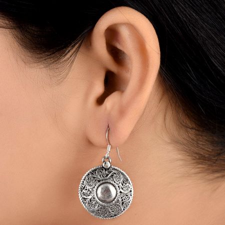 92.5 Sterling Silver Earrings Round Centre With  Filigree Floral Design