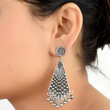 92.5 Sterling Silver Earrings Triangle Embossed with Silver Beads Hangings