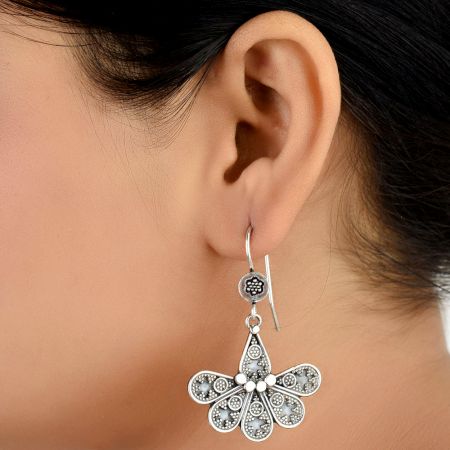 Six Petal Floral 92.5 Sterling Silver Earrings Engraved Design Earring For Women
