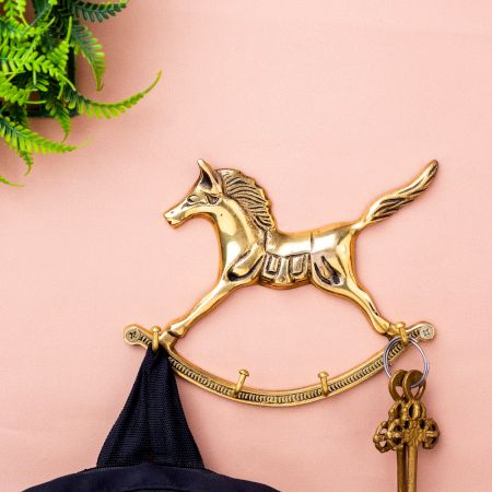 Golden Horse Wall Hanging Brass Hooks