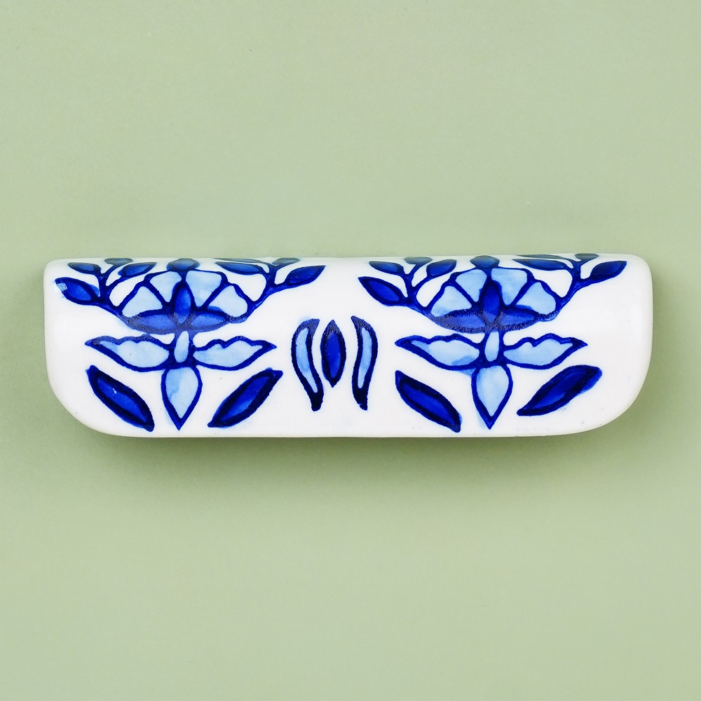 Ceramic Blue Leaf Floral Drawer Handle (Medium Size)