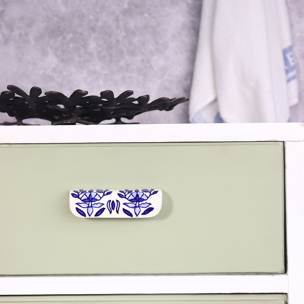 Ceramic Blue Leaf Floral Drawer Handle (Medium Size)