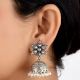 92.5 Sterling silver Earrings Engraved Big Floral Stud and Tassels silver jhumkis