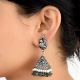 Peacock Engraved 92.5 Sterling silver Earrings Pyramid Shaped Jhumkis With Green Aventurine and Pearl Beads