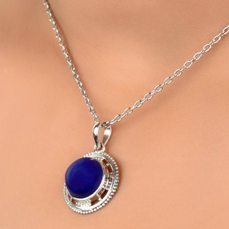 92.5 Sterling Silver Pendant Round Blue Tourmaline Gemstone Pendant