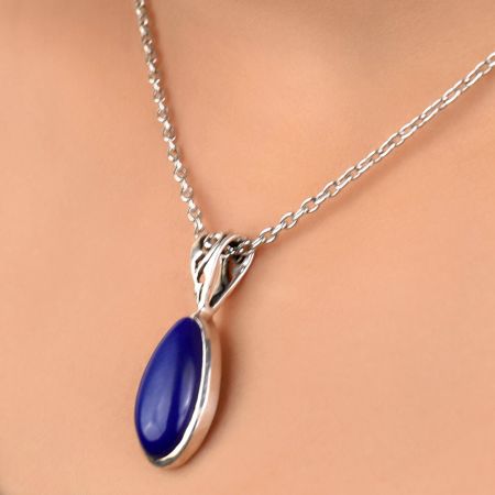 92.5 Sterling Silver Pendant Long Teardrop Shaped Blue Tourmaline Gemstone Pendant