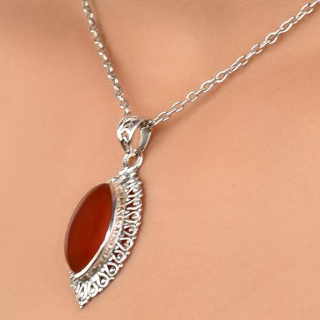 92.5 Sterling Silver Red Carnelian Pendant Marquise Delicate Wedding Gift