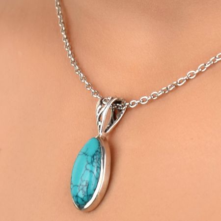 92.5 Sterling Silver Pendant Long Teardrop Shaped Blue Turquoise Gemstone Pendant