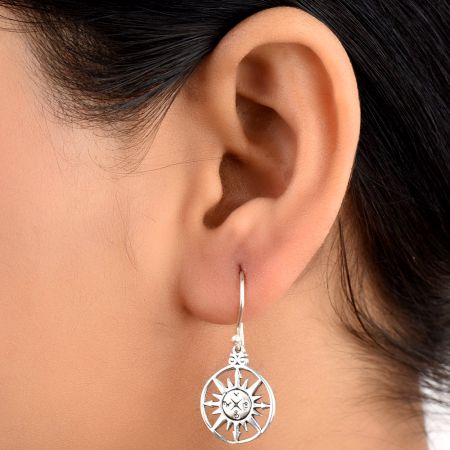 Sun Design Symbols 92.5 Sterling Silver Earrings With Circular Border