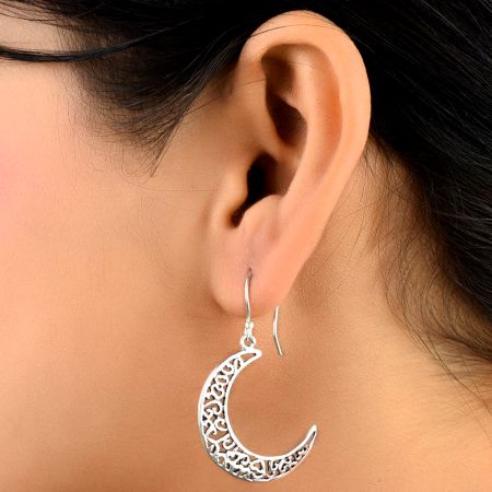 92.5 Sterling Silver Earrings  Crescent Moon  Filigree Dangle earring