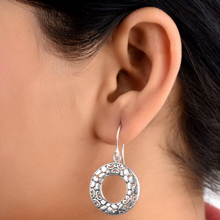 Fashionable Loop 92.5 Sterling Silver Earrings With Engraved Floral Design