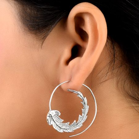 Leaf Circles Round 92.5 Sterling Silver Spiral Earring Tribal Hoop Earrings